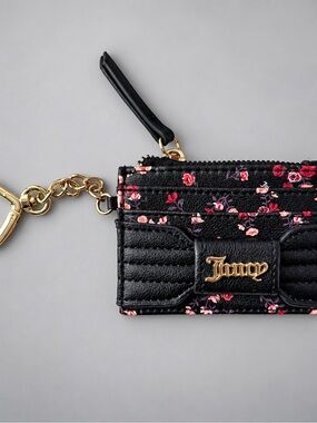 Juicy Couture Black Floral Card Case with Gold Keychain